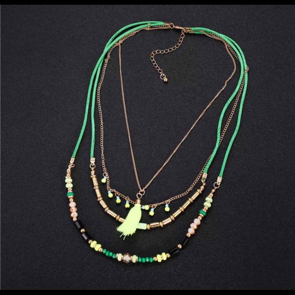 #sold Layered Boho Neon Yellow Necklace - Picture 3 of 5